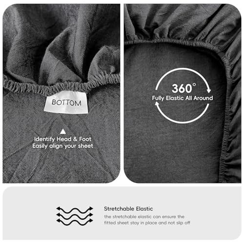 MooMee Fitted Bottom Sheet Only 100% Washed Cotton Linen Like Textured Breathable Durable Soft Comfy Deep Pocket Fits Mattress up to 17" (Dark Grey, Twin) MooMee