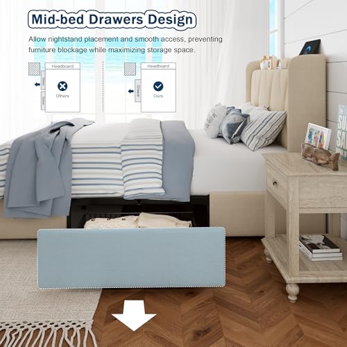 GalnFu Twin Bed Frame with 4 Storage Drawers, Upholstered Platform Bed with Charging Station, Modern Wingback Storage Headboard, Easy Assembly,Noise-Free, Beige GalnFu