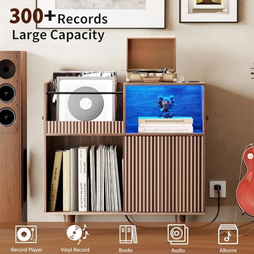fineway Large Record Player Stand with Power Outlets & LED Lights, Record Player Table Cabinet with Vinyl Record Storage Holds up to 300 Albums, Turntable Stand for Living Room, Bedroom fineway