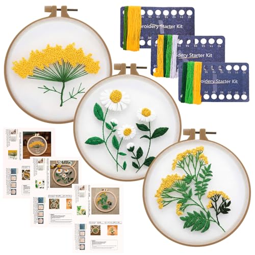 Ovveroche 3 Sets Embroidery Kit for Beginners, Flower Cross Stitch Kits for Adults, Starter, Hand Craft Lover Practice with Floral Stamped Pattern Yellow
