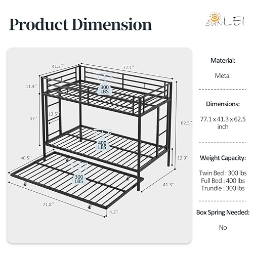 SUNLEI Metal Bunk Beds with Double Secured Ladders, Twin Bunk Bed with Surrounded Safety Guardrails, Space Saver Twin Beds, Noise Free for Small Bedroom, with Trundle Function, Black SUNLEI