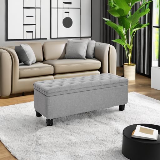 SONGMICS Storage Ottoman, Storage Bench, Tufted Entryway Bedroom Bench, 17.7 x 46.5 x 17.7 Inches, Hinges Easy Lid Operation, Wooden Legs, Linen-Look Cover, Loads 330 lb, Light Gray ULOM070G02 SONGMICS