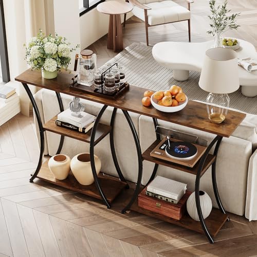 Trironsun Rustic 3-Tier Console Table with Open Shelves Narrow Entryway Table with Curved Metal Frame Slim Sofa Table for Hallway Living Room or Foyer (Rustic Brown) Trironsun