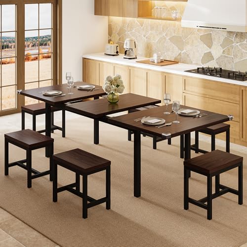 Einhomn 7-Piece Dining Table Set, 63" Extendable Kitchen Room Table with 6 Stools, Mid Century Modern Dinner Table with Metal Frame & MDF Board, Space-Saving, Easy Assembly, Espresso Einhomn