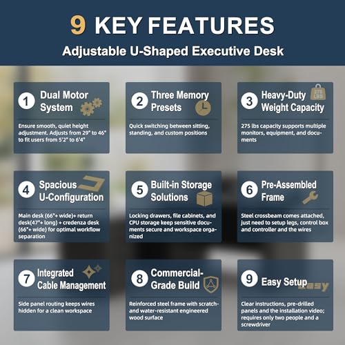 ALFA BUSINESS 100.4'' U Shaped Executive Standing Desk with Pre-Assembled Frame & Lockable Cabinets, Height Adjustable Desk Dual-Motor Sit-Stand Workstation for Corporate & Home Office (Espresso-U) ALFA BUSINESS