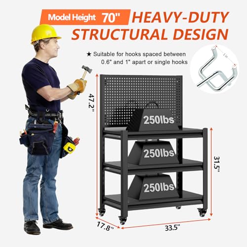 Workbench with Pegboard, Adjustable Shelving Work Table, Mobile Workstation with Lockable Wheels for Garage Warehouse Workshop Office, 47.2" H x 33.5" W x 18" D, Black Jaqiumn