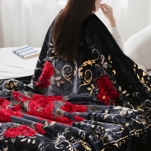 JML Soft Fleece Blanket King Size, Heavy Korean Blanket, 85x95 Inches- 9 Lbs, Single Ply, Fluffy Thick Warm Breathable Home Decor, Cozy Fuzzy Winter Bedding, Floral Embossing Pattern, Flower JML