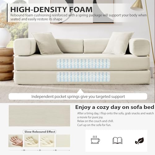 4-in-1 Folding Convertible Sofa Bed, 78 Inch Boneless Couch with Fixed-Shape Frame, Corduroy Loveseat Sleeper with Pull Out Bed, Floor Sofa Modular Futon Couch for Living Room Bedroom Lounge (Beige) ivoros