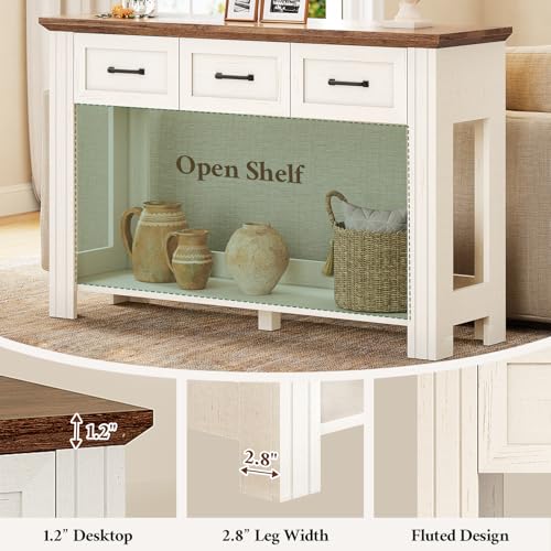 ANGRYWIN 47" Farmhouse Console Table with 3 Drawers, Rustic Entryway Table with Open Shelf, Sofa Tables Behind Couch for Entrance, Living Room, Hallway, White ANGRYWIN