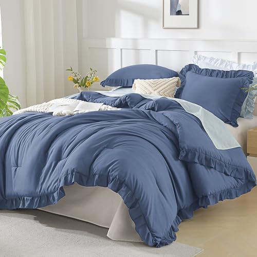 Andency Ocean Blue King Size Comforter Set, 3 Pieces Solid Farmhouse Shabby Chic Bedding Comforters & Sets, All Season Western Rustic Soft Down Alternative Bed Set for Adult Men Women Andency