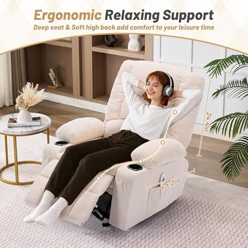 Rocker Recliner Chair with Massage and Heat, Nursery Rocking Chairs for Living Room, Recliner Chair for Adults, Ergonomic Comfy Relining Chair with Cup Holders, USB Charge Port, Side Pockets, Beige