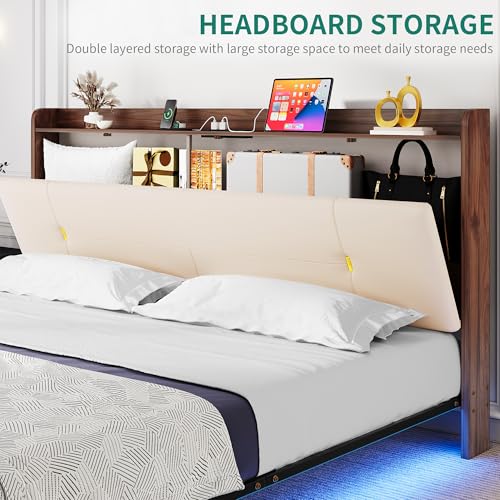 YITAHOME Floating Bed Frame King Size with Charging Station, Led King Bed Frame with Hidden Storage Headboard, Platform Bed with Heavy Duty Metal Slats, No Box Spring Needed, Beige YITAHOME