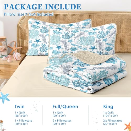 Pamnest Quilt Set Twin Size, Ocean Beach Nature 2 Pcs Soft Bed Cover Bedding Set, Sea Animal Coastal Lightweight Bedspread Coverlet with Pillow Sham for All Season Pamnest