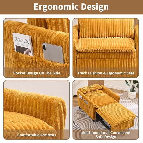 Majnesvon Modern Corduroy Fabric Sofa Bed Futon, 3 in 1 Convertible Pullout Bed Sleeper Couches with 3 Reclining Backrests, Small Sofa Chair Bed for Living Room Bedroom (Yellow) Majnesvon