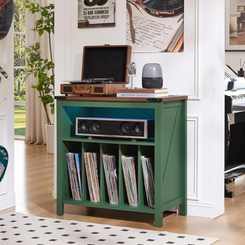Joaxswe Large Record Player Table with Charging Station & LED Lights, Green Vinyl Record Storage Cabinet Holds up to 230 Albums, Turntable Stand with Display Shelf for Music Room Bedroom Living Room Joaxswe