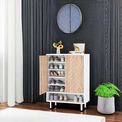 Tribesigns Shoe Cabinet, 18 Pair Rack Organizer Cabinet with Door, 6-Tier Modern Storage Shelves for Entryway Hallway Closet, White and Brown Tribesigns