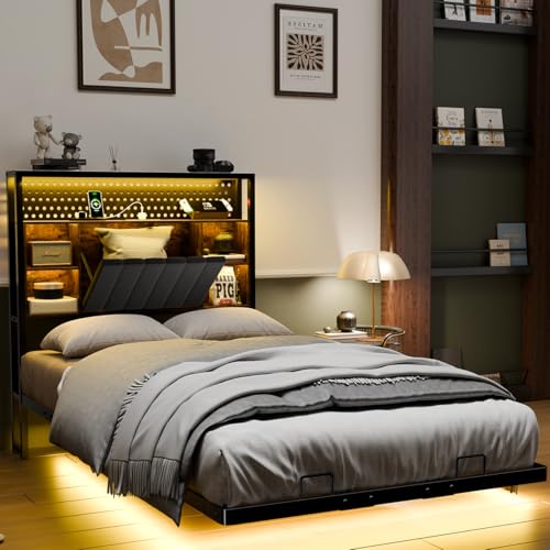 VINGLI Floating Bed Frame Twin Bed with Charging Station and LED Lights,Twin Metal Bed Frame,Cozy Hidden Storage Velvet Upholstered Headboard,No Box Spring Needed,Easy Assembly,Black VINGLI