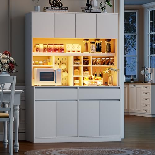 Gyfimoie 71" Kitchen Pantry Storage Cabinet with Charging Station, Kitchen Hutch with LED Light & Open Shelving, Buffet Cabinet with Drawers, Farmhouse Food Pantry for Living Room, White Gyfimoie