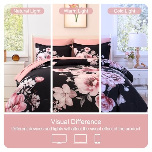 Floral King Size Comforter Set - 7 Piece Botanical Black and Pink Bed in a Bag Ulter Soft Microfiber Bedding Set, Lightweight Bed Comforter Set with Sheets for All Season (Black, King) LLDSYW