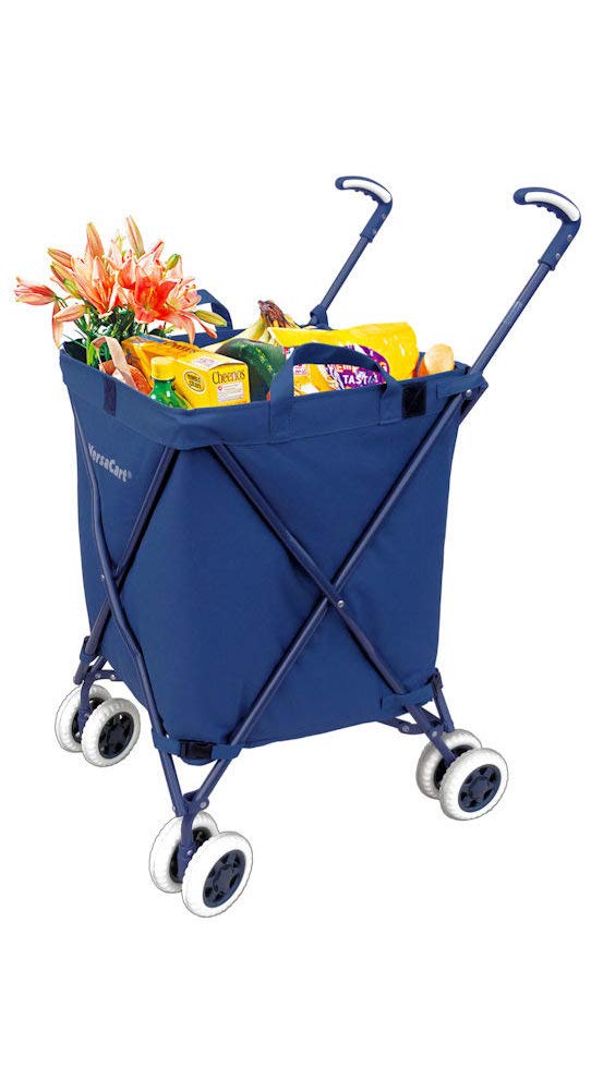 VersaCart Transit -The Original Patented Folding Shopping and Utility Cart, Water-Resistant Heavy-Duty Canvas with Cover, Double Front Swivel Wheels, Compact, Transport Up to 120 Pounds, Blue Versacart