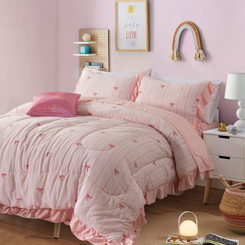 A Nice Night Rainbow Stripes & Bows Bedding Set,Ruffle 6 Piece Bed in a Bag Matching Sheet Set,Princess Style Chic Bow Printed,Light Pink Room Decor for Girls,Twin A Nice Night