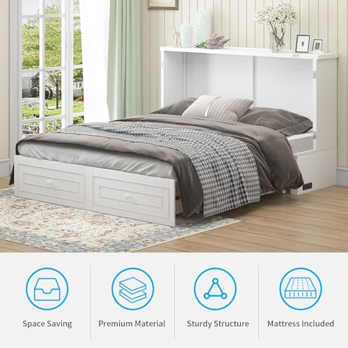 Mjkone Queen Murphy Bed Cabinet, Murphy Beds with USB Charging Station, Modern Cabinet Bed with Drawers & Tri-Folding Mattress, Cube Chest Cabinets Wall Beds for Home Apartment, White Mjkone
