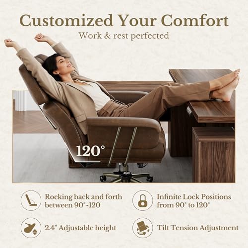 Perledesign Executive Leather Office Chair - Brown Ergonomic Desk Chair with Thick Cushion & Lumbar Support, Comfy Mid Century Modern Swivel Computer Chair for Home Office Perledesign