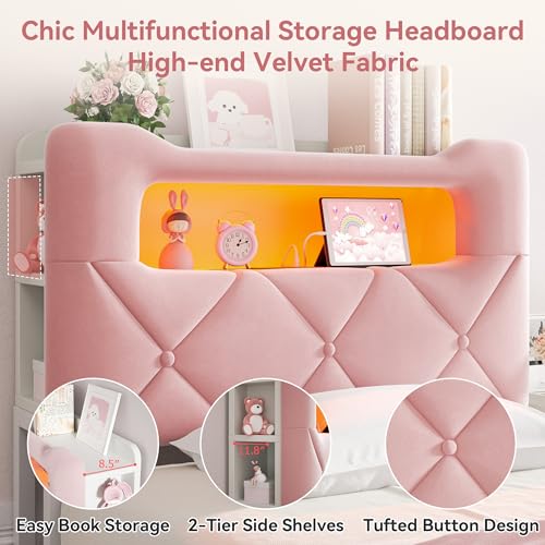 Twin Upholstered LED Bed Frame with 2 Storage Drawers and 2-Tier Storage Bookcase Headboard, Velvet Princess Platform Bed for Kids/Girls/Boys, Heavy Duty Metal Support, No Box Spring Needed, Pink Jocoevol