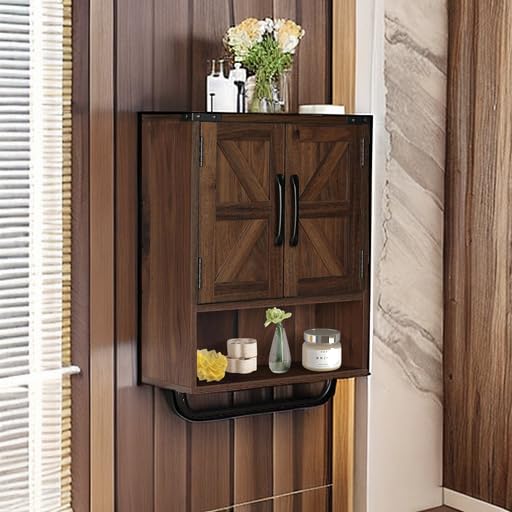 RUSTOWN Farmhouse Wall Storage Cabinet with Two Barn Door, Rustic Mounted Medicine Cabinet with Adjustable Shelf and Towel Bar, 3-Tier Wood Cabinet for Kitchen, Bathroom, Living Room (Dark Walnut) RUSTOWN
