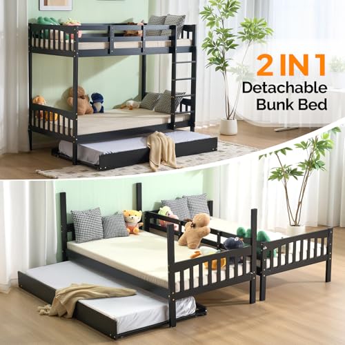 VINGLI Solid Wood Bunk Bed with Trundles,Twin Over Twin Bunkbed with RGB LED/Charging Station,Convertible Bunk Bed Frame with 15 inches High Safety Guardrail and Ladders for Kids,Black VINGLI