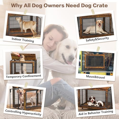 EasyCom Large Dog Crate Furniture, 41.33" Extra Large Dog Kennel Indoor with Top-Access Teasing/Feeding Door, Spacious Dog Crates for Large Dogs, Furniture-Style Dog Cage with Wheels Dog Crate Table EasyCom