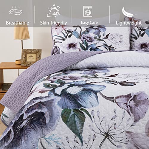 Drucon Purple Floral Quilt Set King Size 3 Pieces Purple Botanical Flower Quilt Coverlet Set Soft Microfiber Lightweight Quilted Bedspread for All Season 104"x90" Drucon