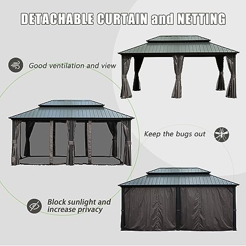 Domi Hardtop Gazebo 12x18FT, Aluminum Metal Gazebo with Galvanized Steel Double Roof Canopy, Curtain and Netting, Permanent Gazebo Pavilion for Patio, Backyard, Deck and Lawn, Grey domi outdoor living