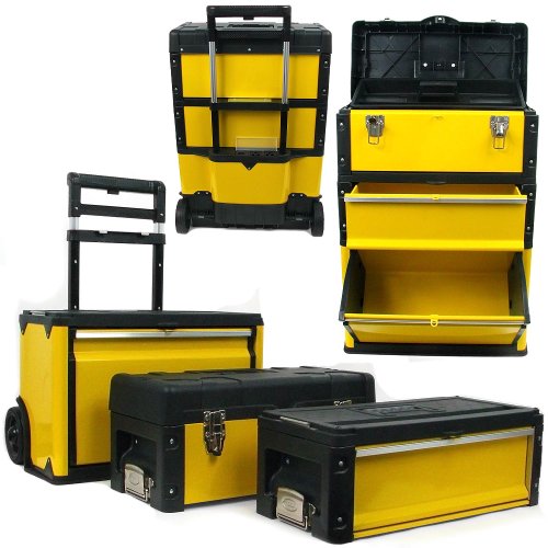 Portable Tool Box on Wheels - Stackable 3-in-1 Chest for Workshops and Craft Rooms - Foldable Comfort Handle and Latches by Stalwart (Black/Yellow) Stalwart