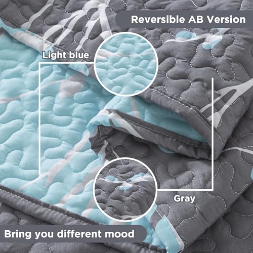 Andency Quilt King Size Grey Blue (106x96 Inch), 3 Pieces Floral Lightweight Bedding Set, Microfiber Reversible Flower Quilted Bedspread Coverlet with 2 Pillowcases for Men Women