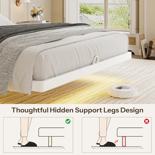 kozfrn Floating Bed Frame Full Size with Storage Headboard,Modern Metal Platform with Smart LED Lights and Charging Station,Metal Slat Support,No Box Spring,Easy Assembly,Noise-Free,White kozfrn