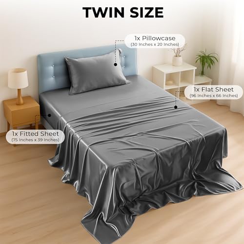 Lux Décor 3-Piece Twin Satin Sheet Set– Luxury Silky Soft 100% Polyester Woven Fabric, Deep Pocket Fitted Sheet – Smooth & Breathable Bedding with Pillowcase (Dark Grey) LDC LUX DECOR COLLECTION