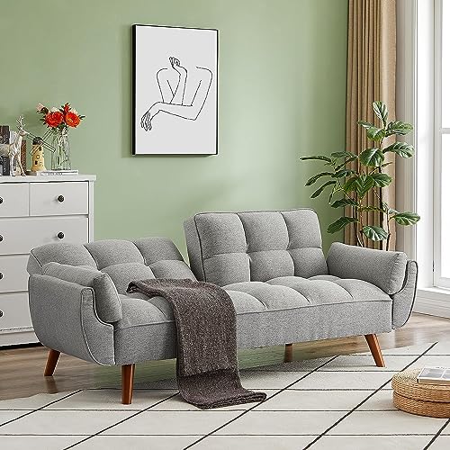 ERYE 75-Inch Tufted Upholstered Futon Sofabed Linen Loveseat Sofa Bed with Adjustable Backrest and Pillows for for Bedroom Living Room, Modern Convertible Futon Sleeper Bed ERYE