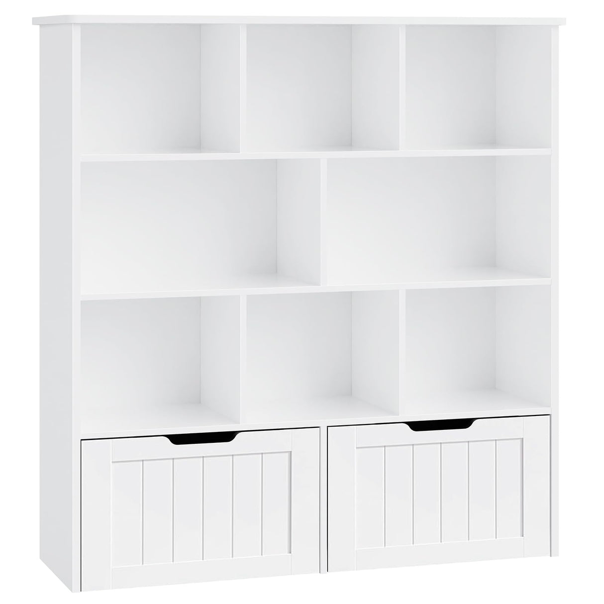 Toy Storage Organizer, Kids Bookshelf and Toy Storage with 2 Movable Drawers, Toy Chest Shelf Organizer with Hidden Wheels and 8 Storage Cubbies, Multifunctional Toy Organizer for Playroom, White Vabches