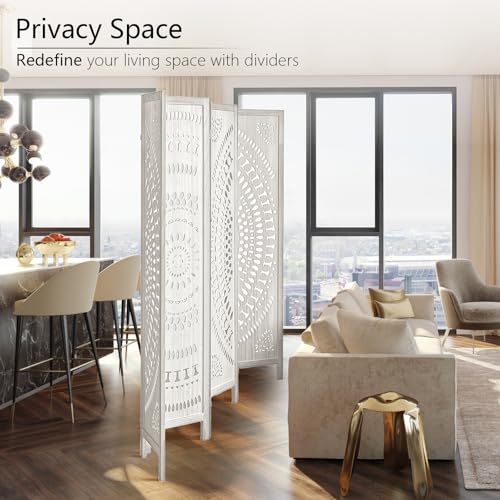 Asnefeli 6 Panel Room Divider, Wood Carved Room Divider and Privacy Screen, Folding Room Partition Screen for Room Separation Home Bedroom Office Restaurant Portable Freestanding (Retro White) Asnefeli