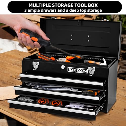 Tool Dorm 20.3“ Metal Tool Box with Drawer Portable Steel Metal Tool Box with Protective Liner and Metal Latch Closure and Lock for Garage, Home and Warehouse (Black-3 Drawers) TOOL DORM