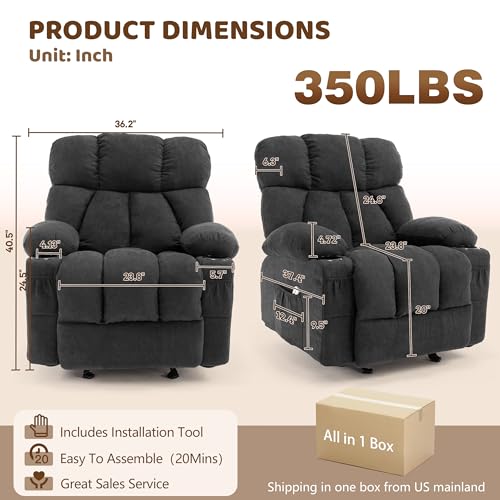 Massage Rocking Recliner Chair, Ergonomic Recliners Sofa with Vibration Massage & Heat, Rocking Chair Nursery Chair for Living Room Lounge with 4 Pockets, 2 Cup Holders, Black