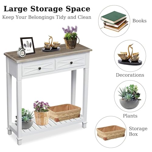 kinbor Entryway Table - White Console Table with 2 Drawers, Narrow Small Console Table with Storage Shelf for Entryway, Living Room, Hallway, White kinbor
