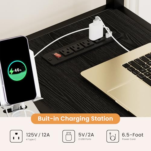 Bellemave Full Size Loft Bed with Desk, LED Lights and Charging Station, Full Loft Bed with Stairs, Wardrobe and 2 Storage Drawers, Heavy Duty Loft Beds Frame, Black Bellemave