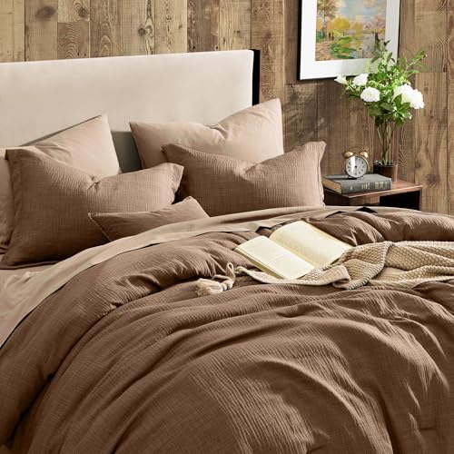 Geniospin Brown Queen Comforter Set - 7 Pieces Comforter Queen Size, Solid Bedding Set for All Season, Textured Bed in a Bag with Sheets Geniospin