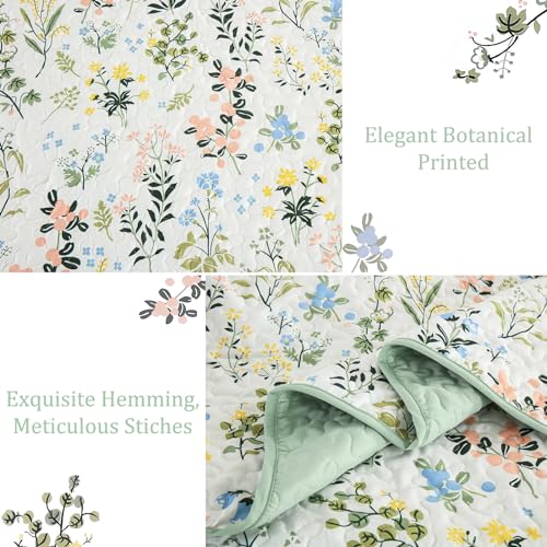 Anibedding Floral Quilt Set Queen Size,3 Pieces Flower Parrten Bedspread Coverlet,Garden Style Soft Lightweight Micorfiber Bedding Set with 2 Pillowcases for All Seaaon.(96"×90",Green) Anibedding