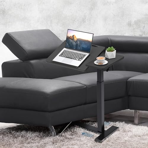 yaaqoo Adjustable Overbed Bedside Table with Hidden Wheels, Pneumatic Tilt Board Rolling Laptop Standing Desk Cart, Mobile Over Bed Sofa Chair Side End Tables, Walnut (Black) yaaqoo