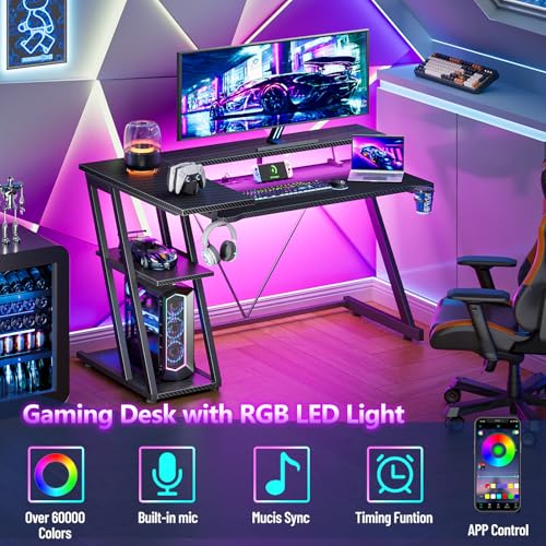 Korfile 40 Inch Gaming Desk with Power Outlet & LED Lights, L Shaped Computer Gaming Table with 3 Tiers Storage Shelves, Corner Gamer Desk with Monitor Stand for Small Space, Carbon Fiber Black Korfile