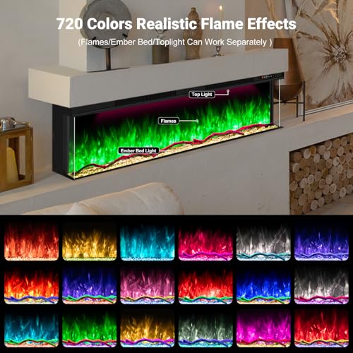 STRICWARM 70 inch 3 Sided Electric Fireplace Insert with Touchscreen, Smart Recessed/Built-in Linear Electric Fire Place Heater 1500W, Multi-Color Realistic Flames, APP Control, Timer, Log & Crystal STRICWARM