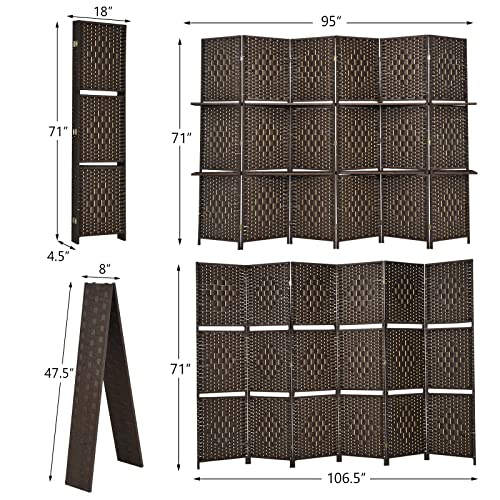 Giantex 6Ft 6 Panel Room Divider with Shelves, Freestanding Hand-Woven Rattan Folding Privacy Screens for Room Separation, Wooden Partition Room Divider Wall for Home Office Studio Separator Giantex